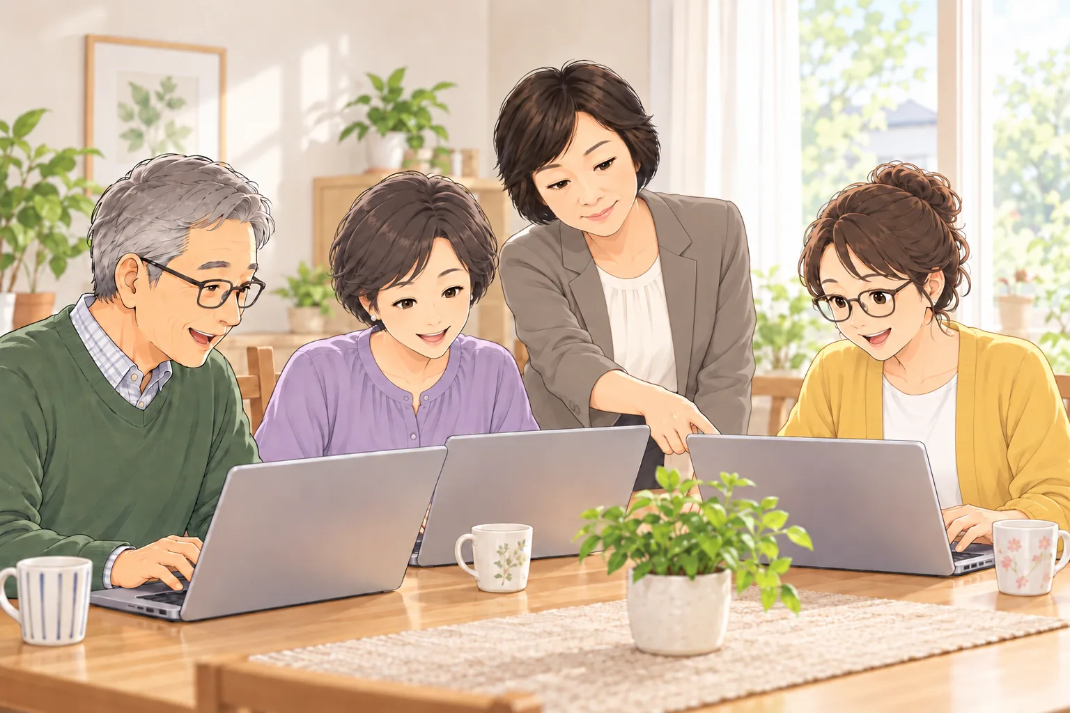 明るい部屋のテーブルで、先生が生徒さんのノートパソコンの画面を指さしながら操作を教えている様子のイラスト