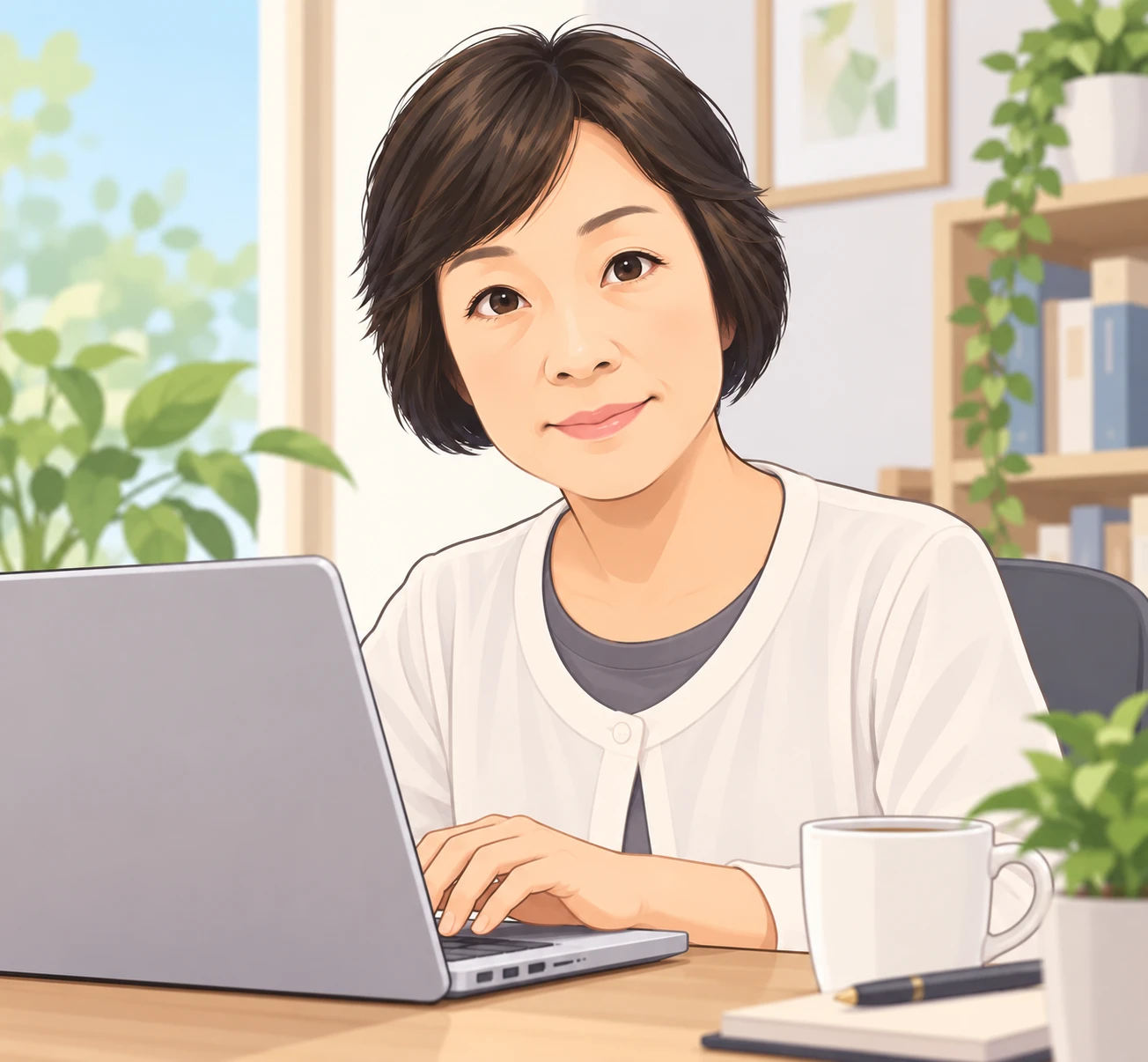 森山みどりが自宅のデスクでノートパソコンに向かっている様子のイラスト